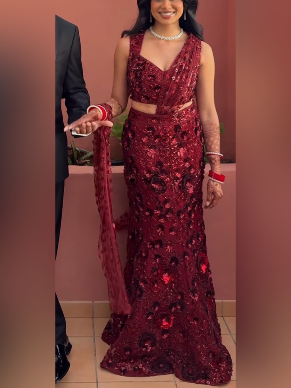 Rekha & Karan Burgundy Bridal Indo-Western Sari/Lehenga